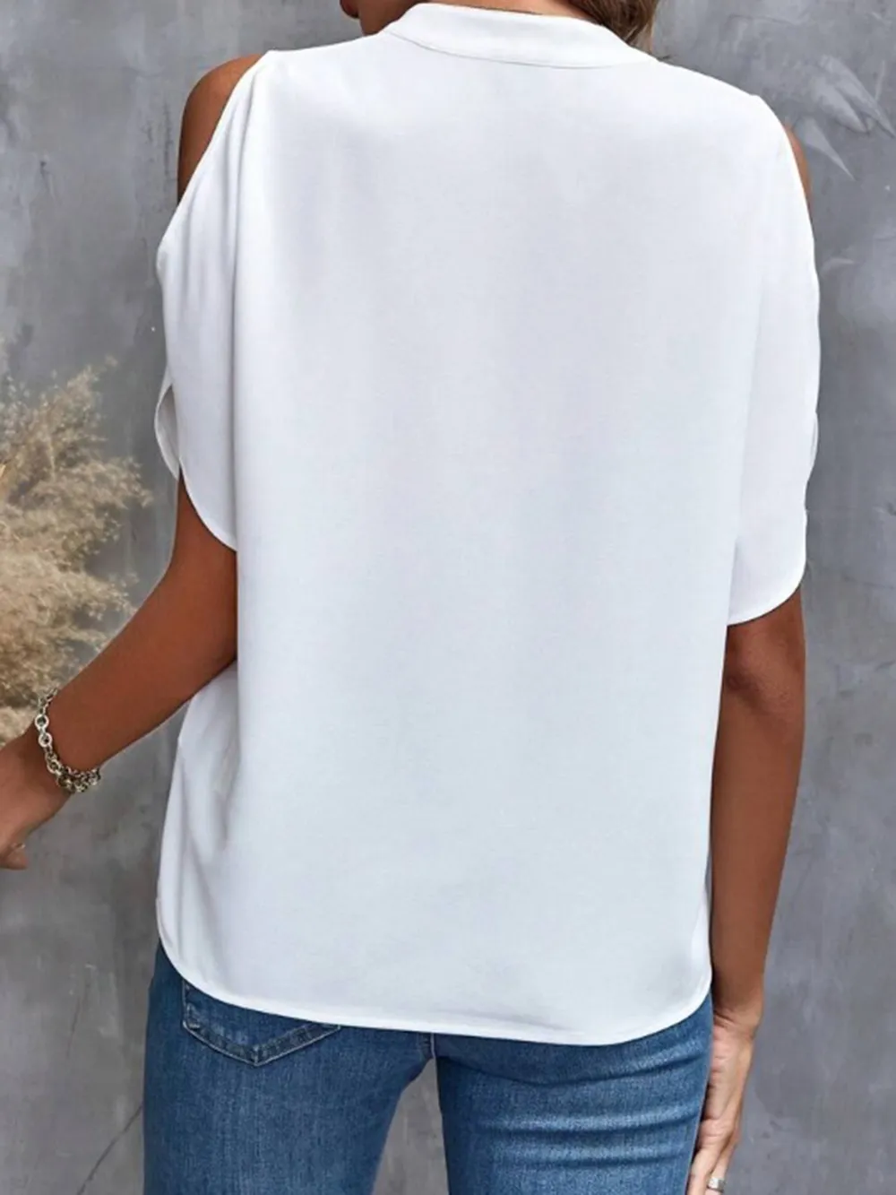 Notched Cold Shoulder Half Sleeve Blouse, image 3