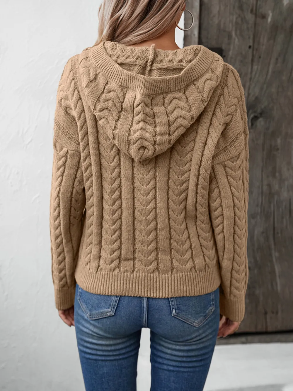 Cable-Knit Long Sleeve Hooded Sweater, image 2