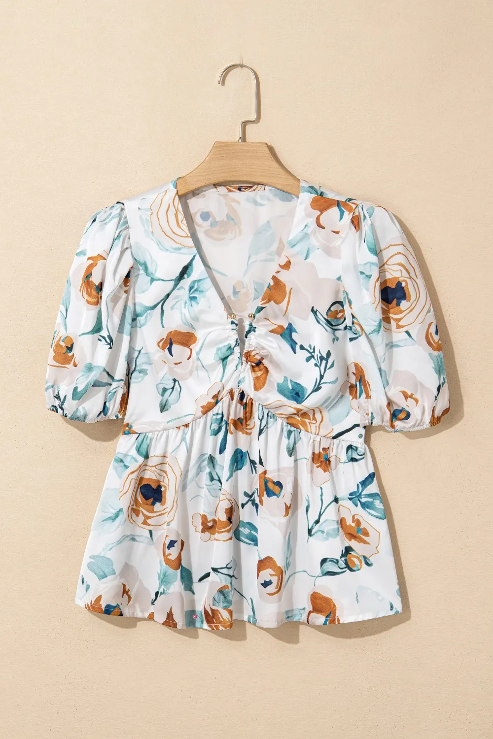 Floral Print Puff Sleeve V Neck Babydoll Blouse, image 4