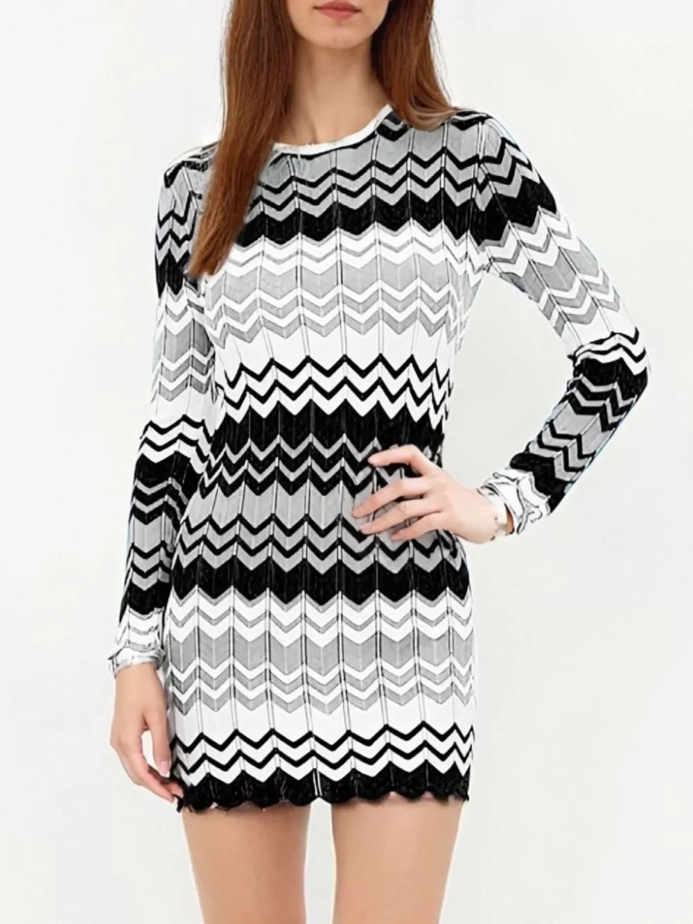 Openwork Wave Pattern Long Sleeve Sweater Dress, image 8