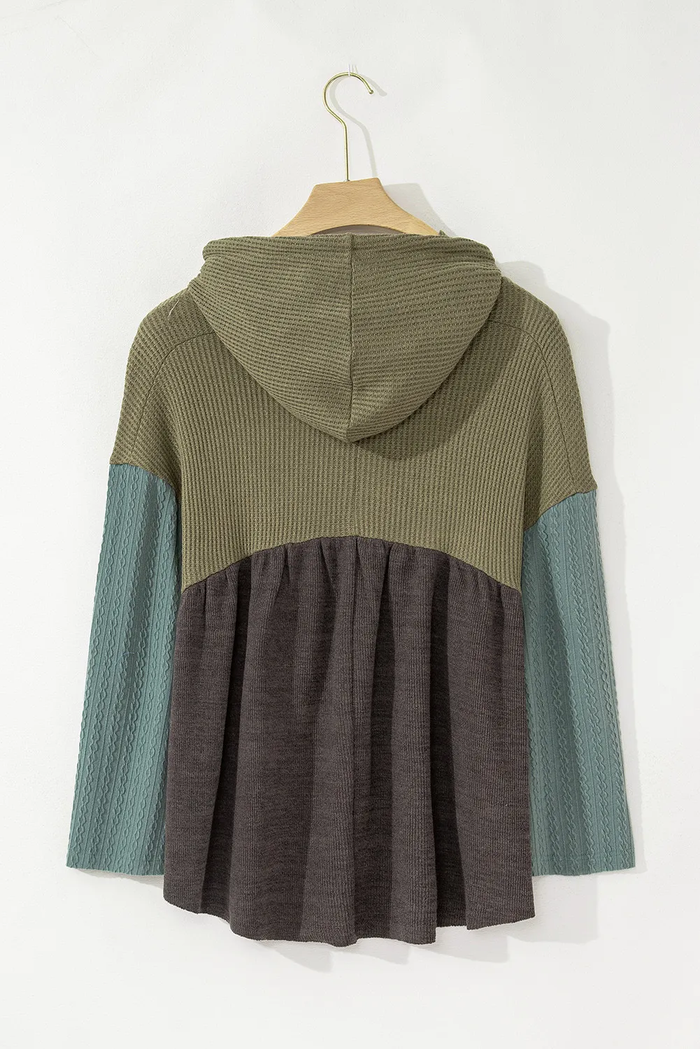 Waffle-Knit High-Low Color Block Hooded Long Sleeve Top, image 3