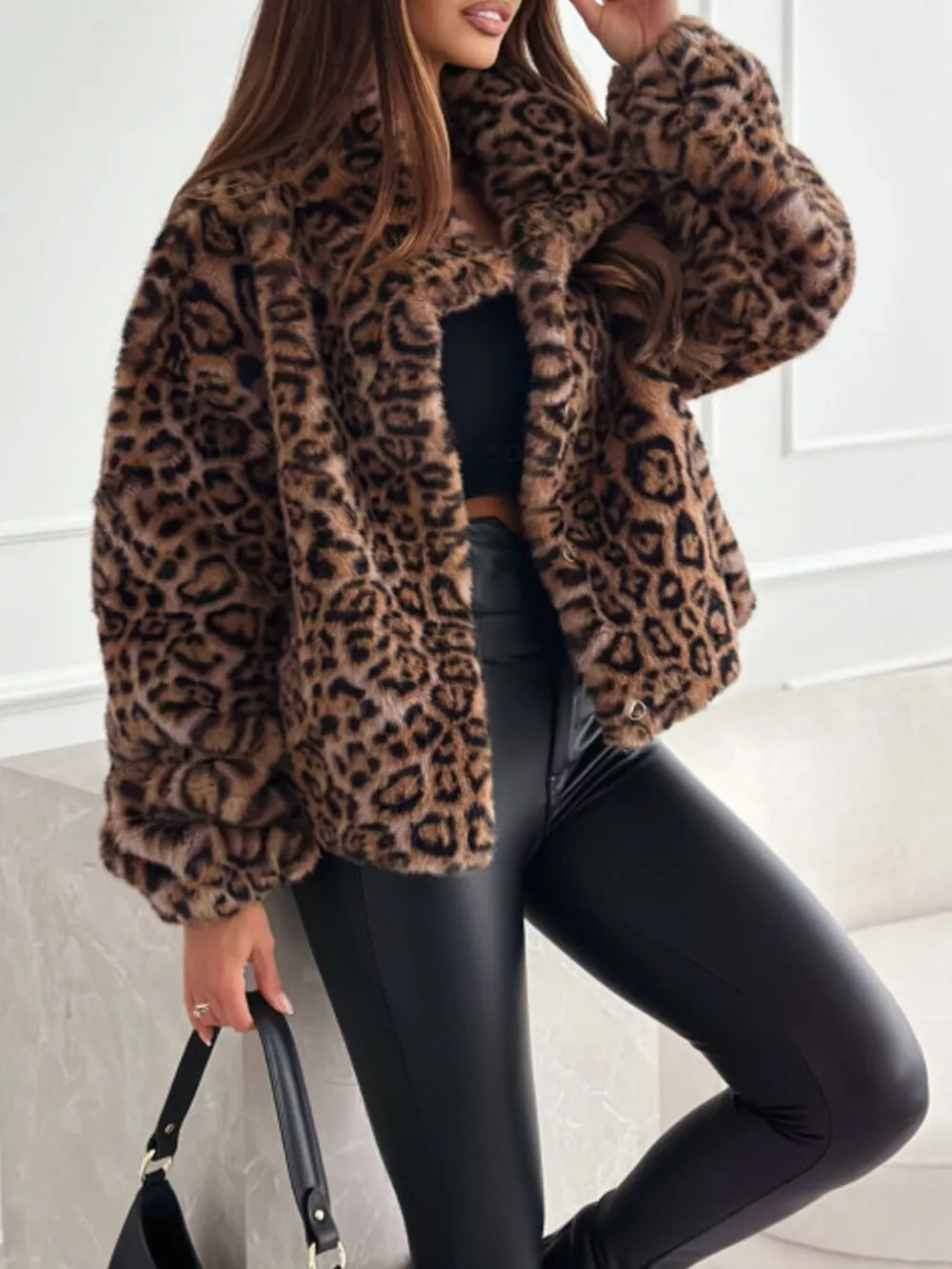 Leopard Faux Fur Cropped Jacket, image 4