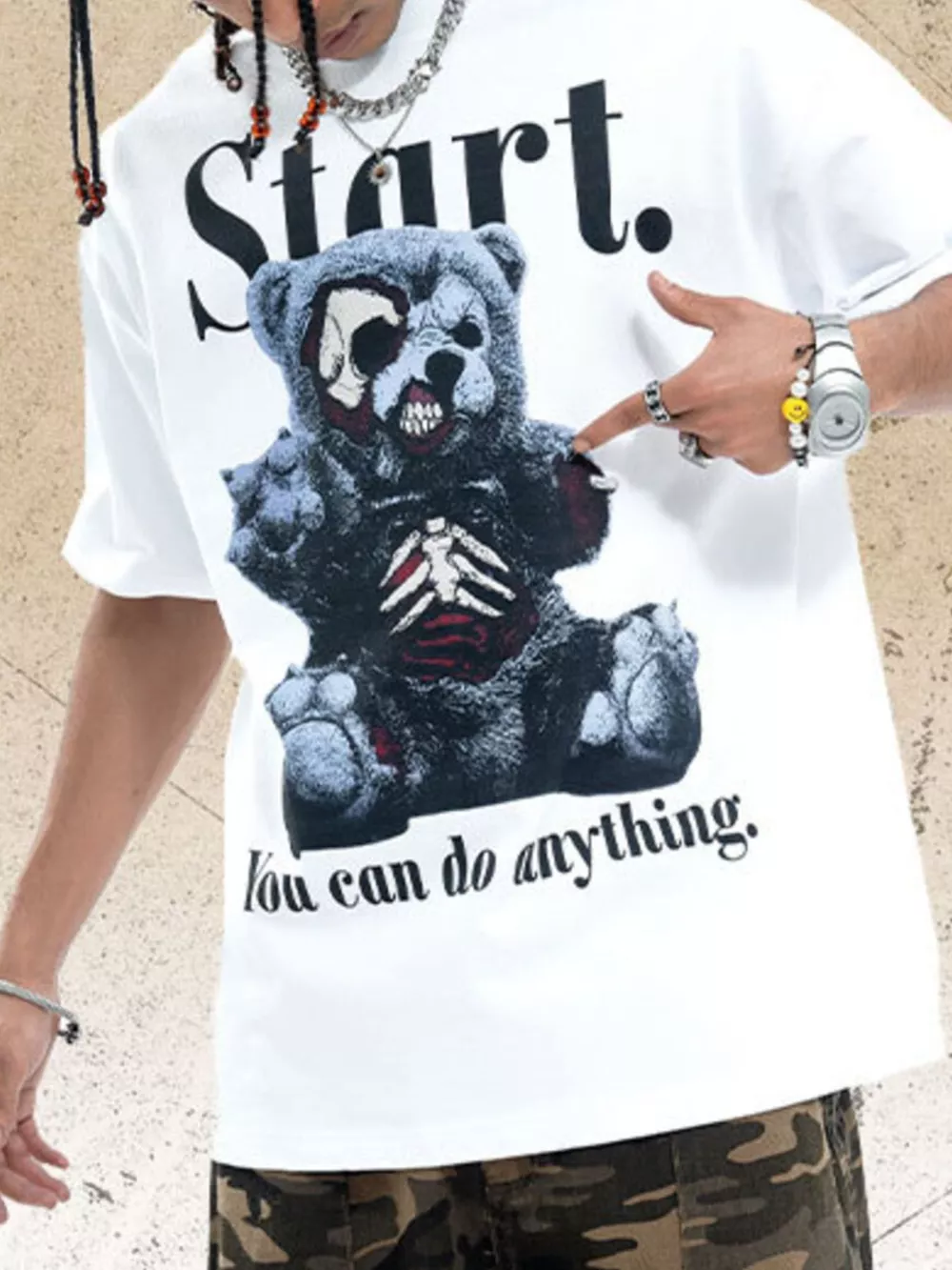 Men's Teddy Bear Graphic Round Neck Oversized T-Shirt, image 3