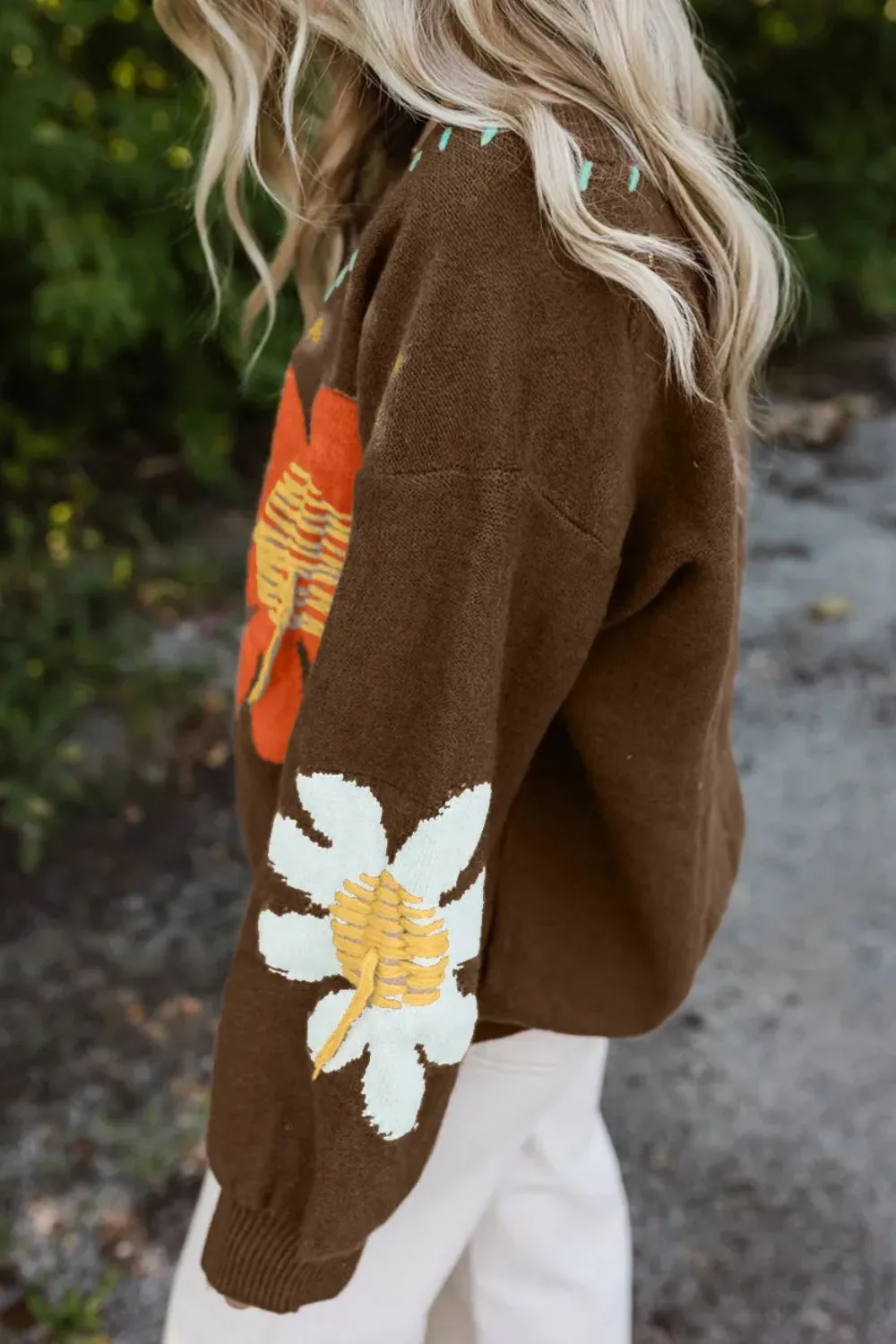 Flower V-Neck Dropped Shoulder Sweater, image 2