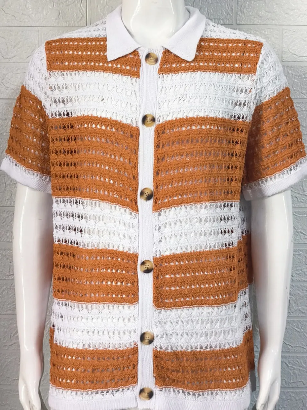 Men's Button Down Collared Neck Contrast Openwork Shirt, image 6