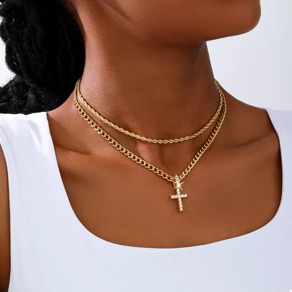 Layered Gold Chain Cross Pendant Necklace