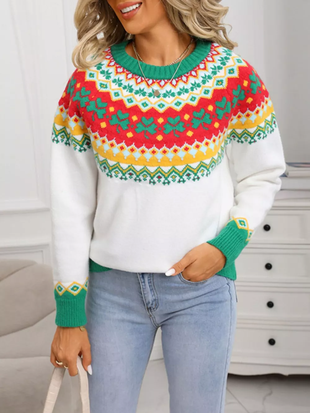 Clover Pattern Round Neck Knitted Sweater, image 5