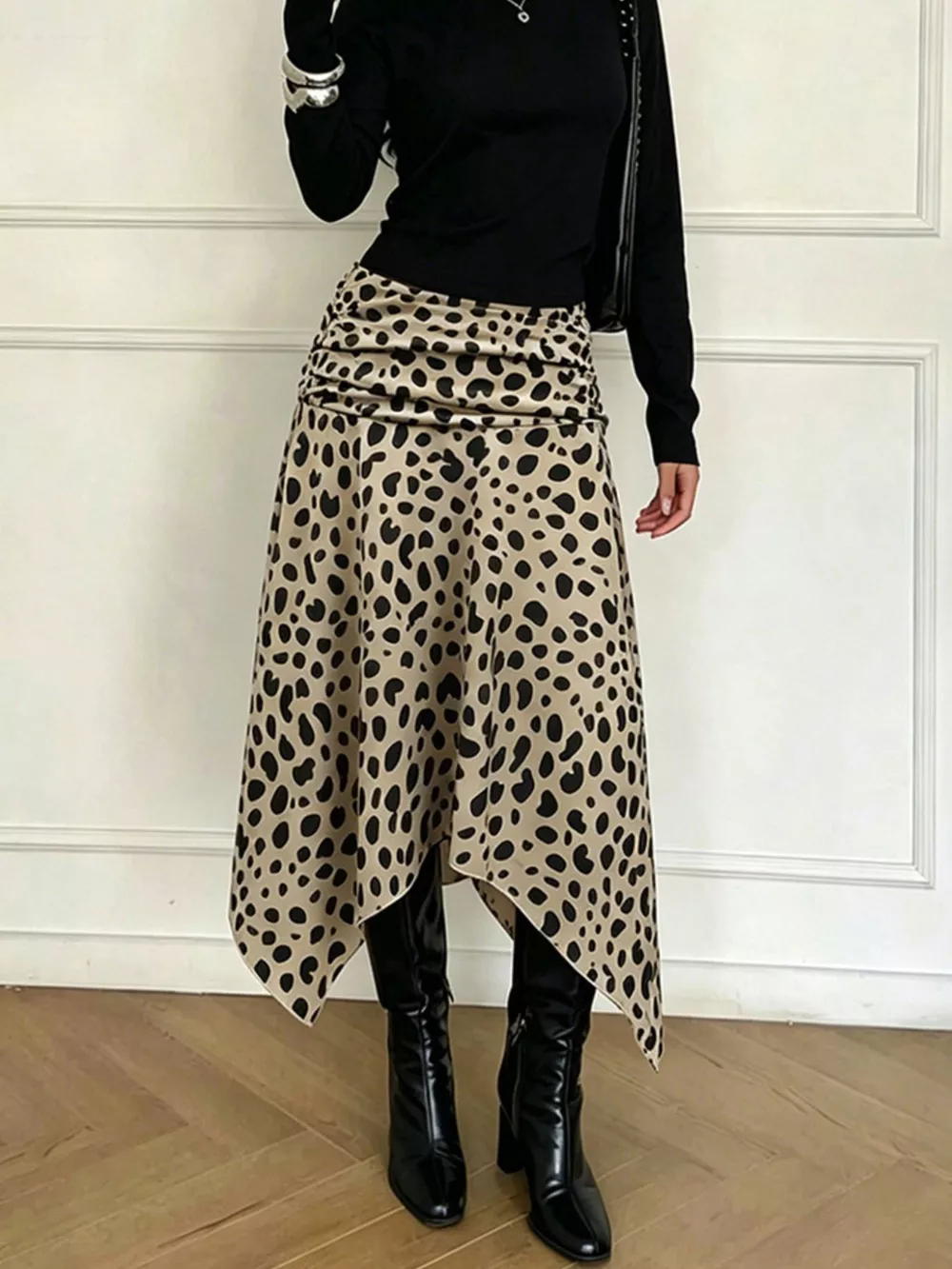 Leopard Print Asymmetrical Hem Midi Skirt, image 3