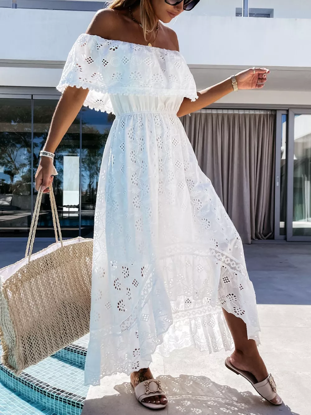 Off-Shoulder Eyelet Lace High-Low Maxi Dress, image 5