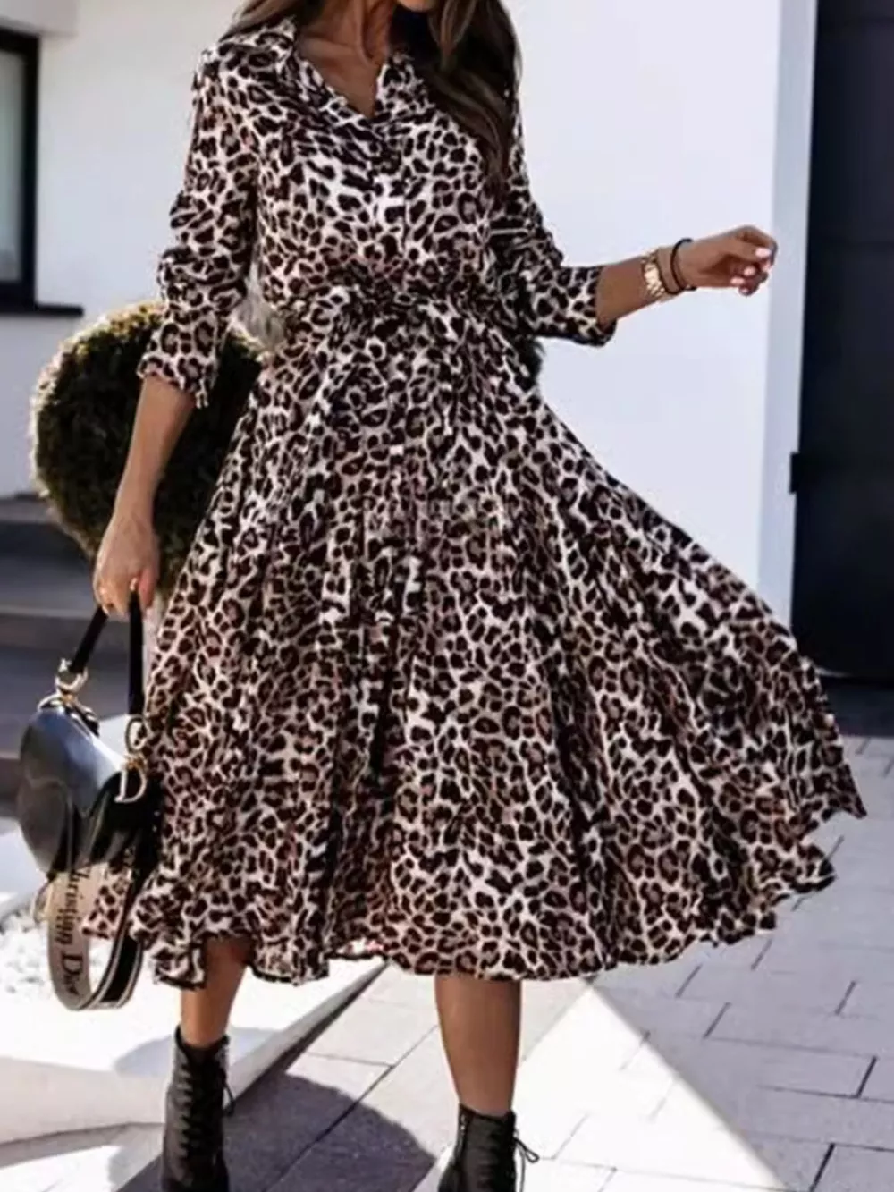 Leopard Print Button-Down Midi Dress with Belt, image 5