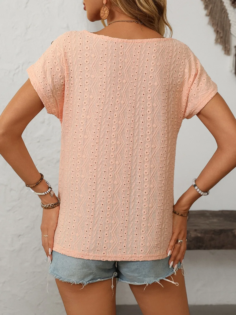 Eyelet Round Neck Short Sleeve Top, image 14