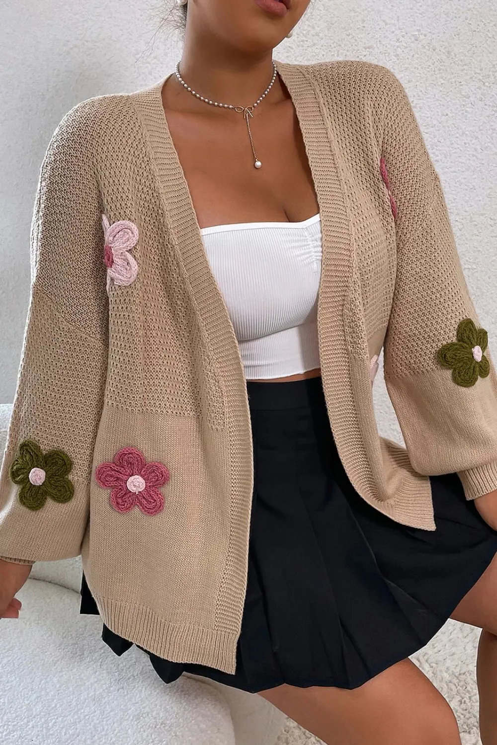 Floral Applique Drop Shoulder Open Front Cardigan, image 11