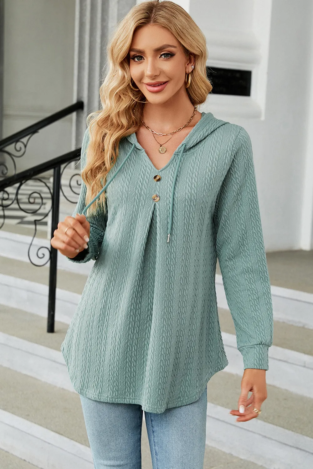 Decorative Button Drawstring Long Sleeve Hoodie, image 22