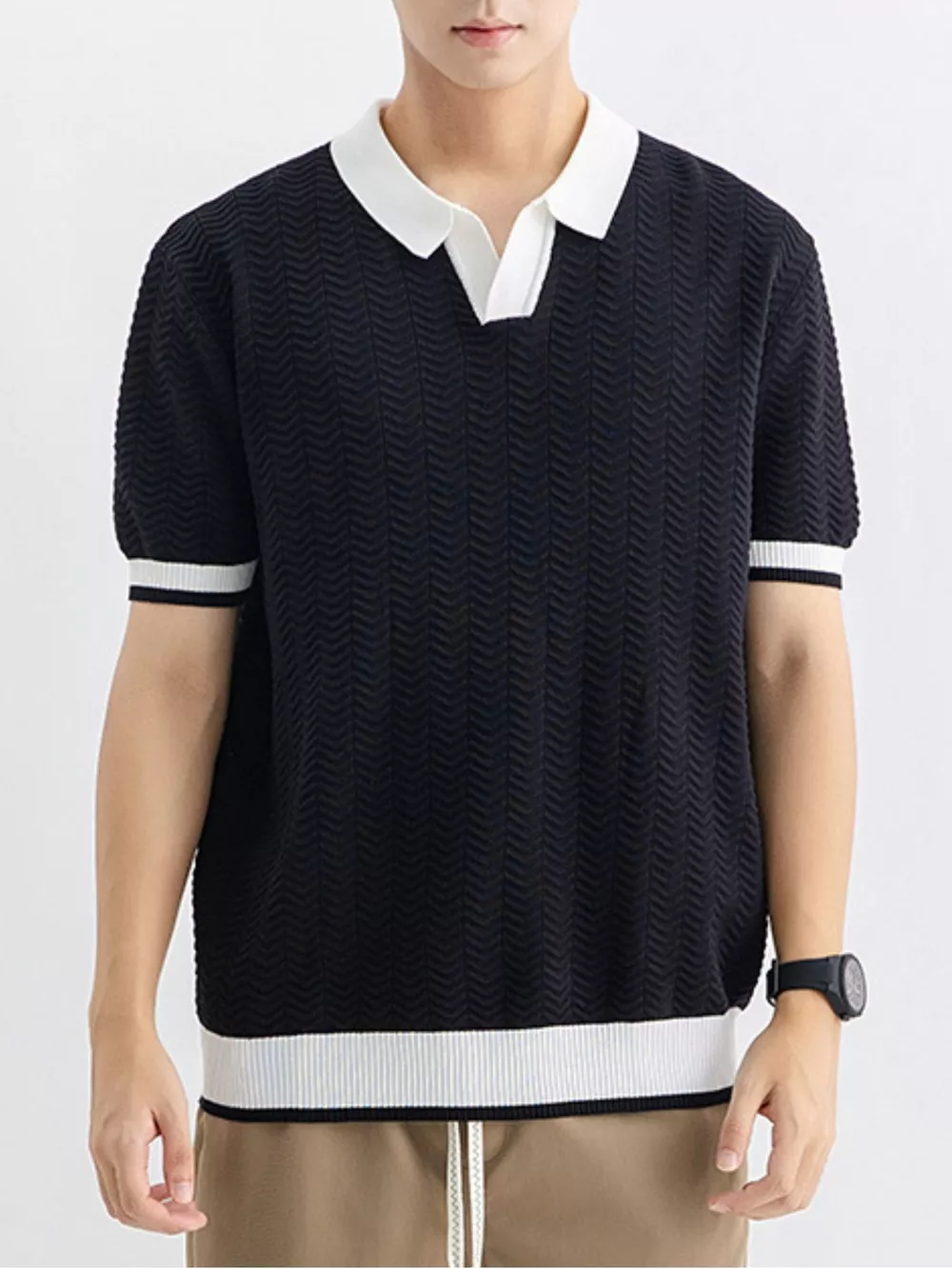 Men's Plus Size Textured Knit Polo with Contrast Trim