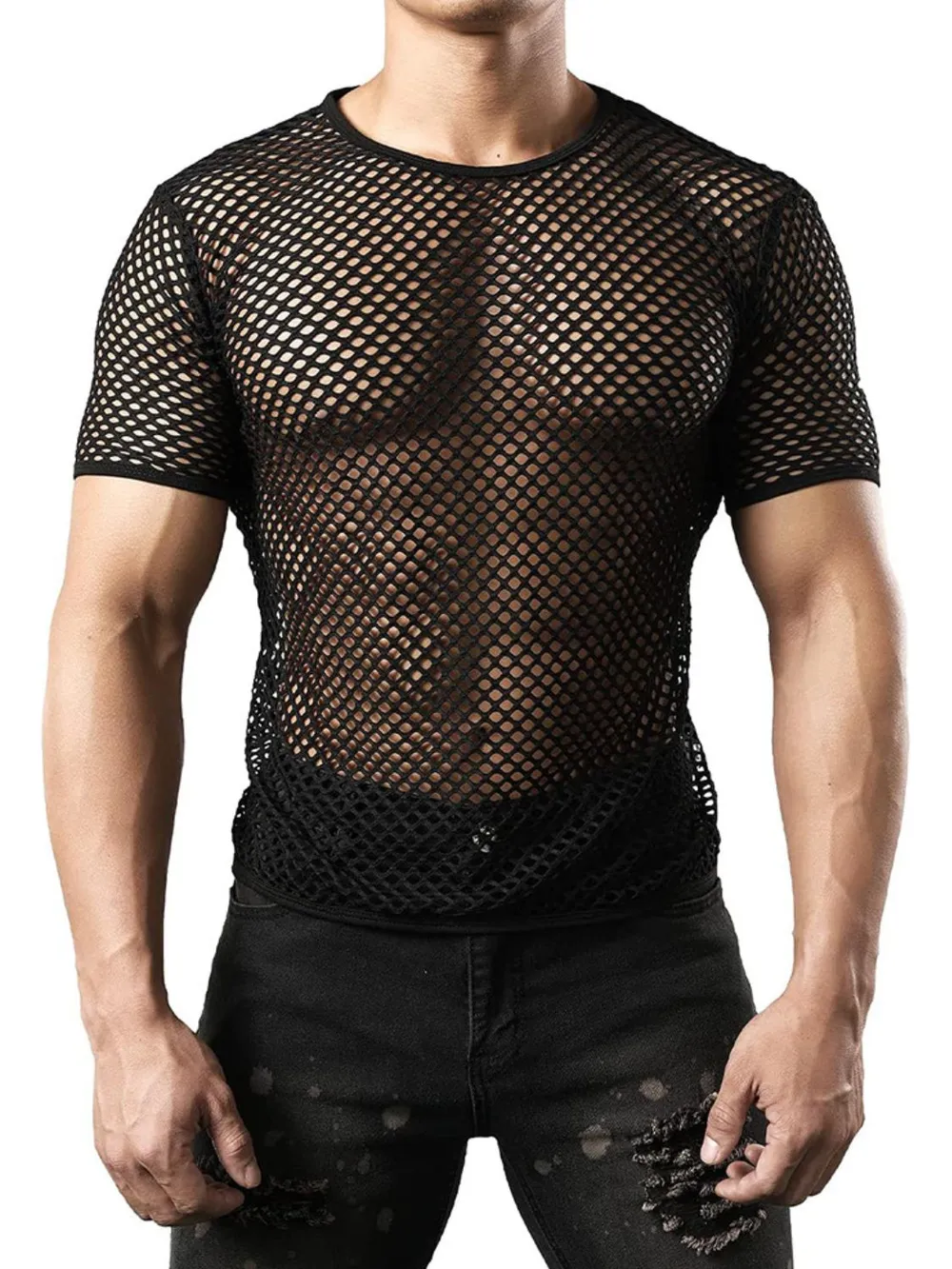 Men's Hollow Out Round Neck Short Sleeve Top, image 4
