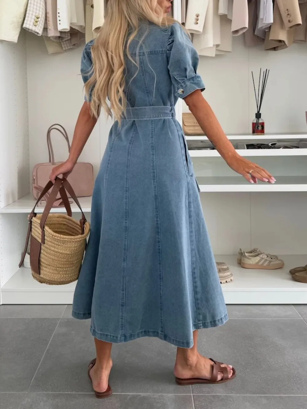 Puff Sleeve Button Down Belted Denim Midi Dress, image 2
