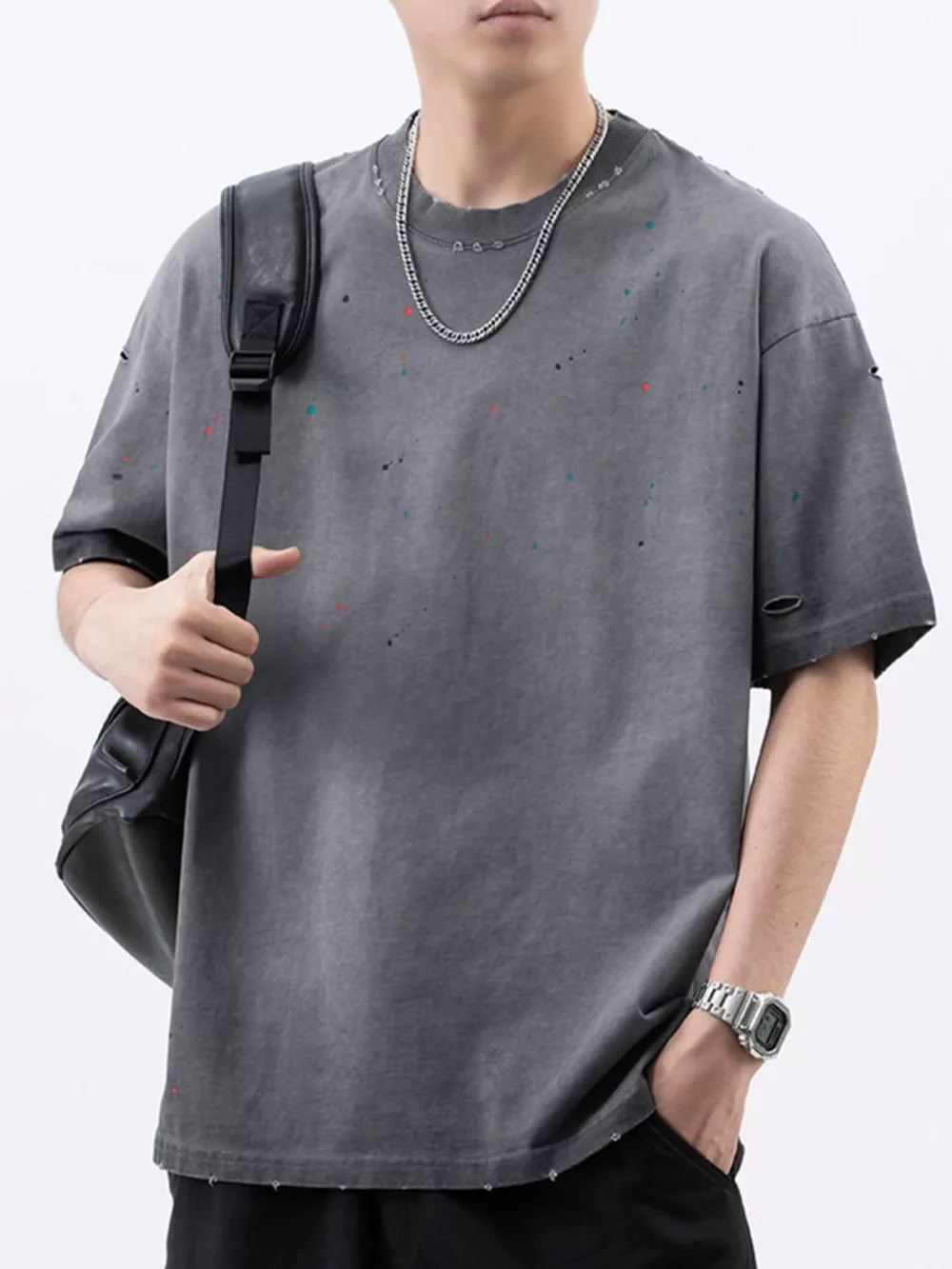 Men's Plus Size Distressed Round Neck Short Sleeve T-Shirt, image 11