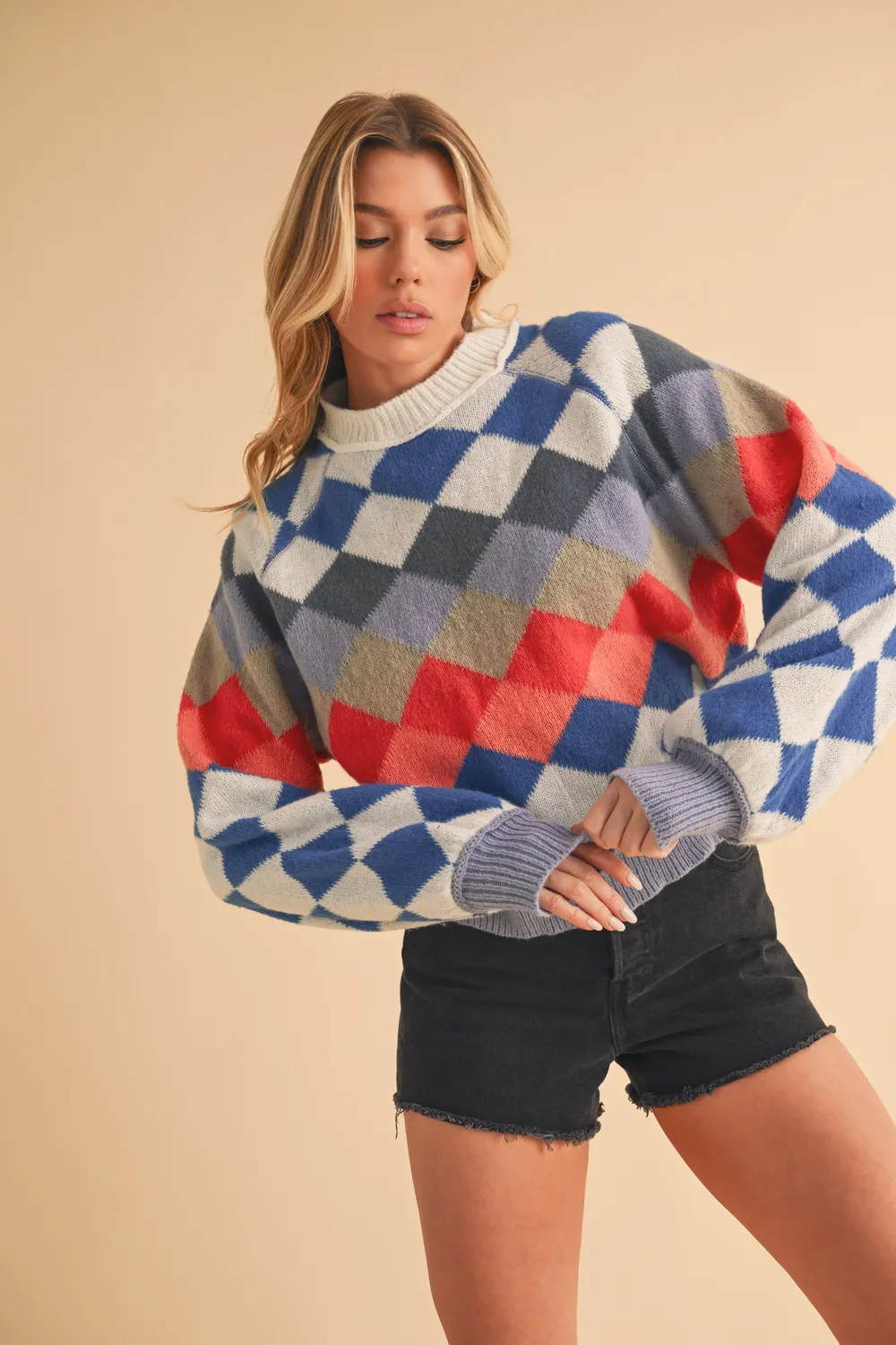 Diamond Mock Neck Raglan Sleeve Sweater, image 7
