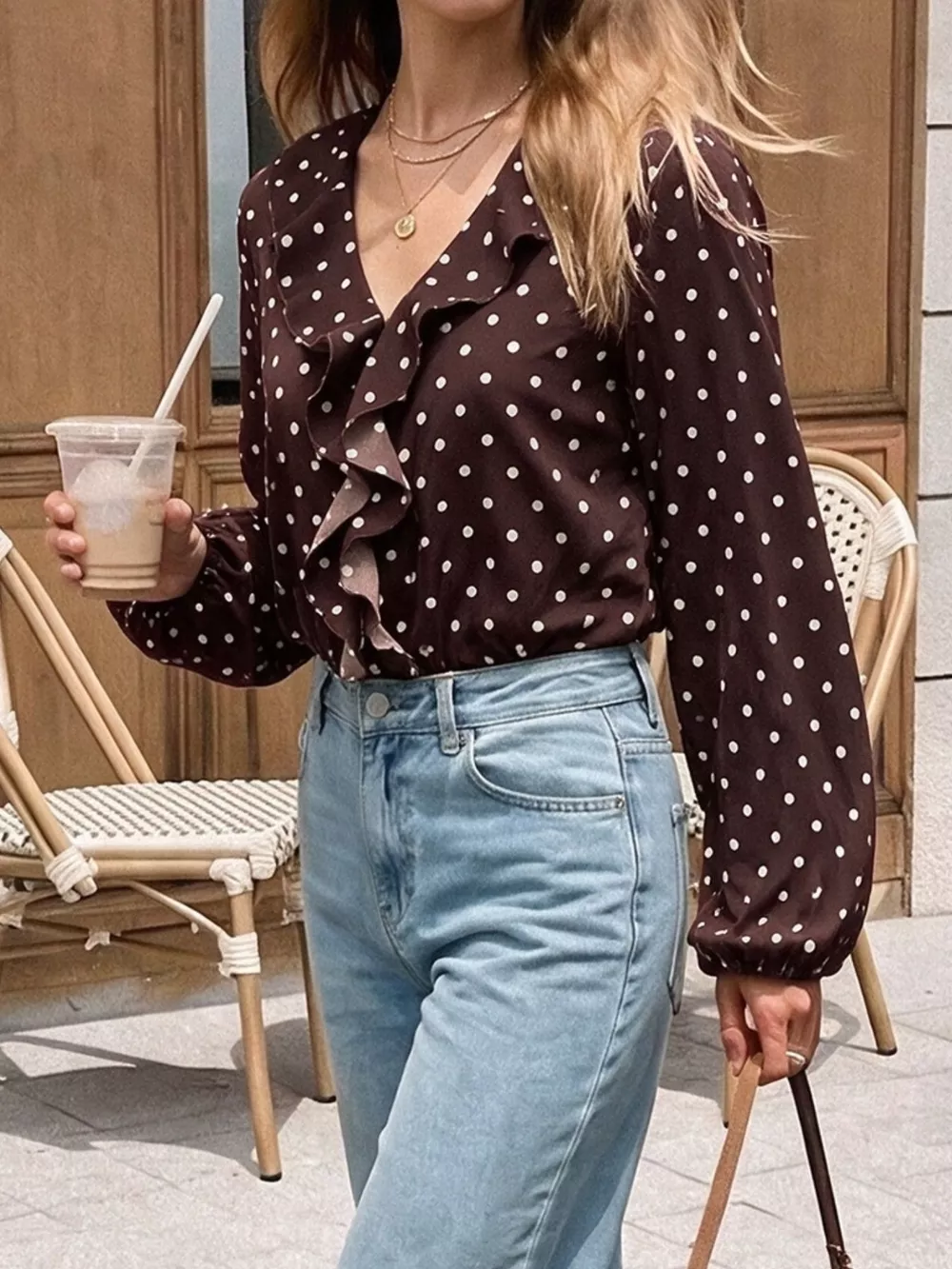 Polka Dot Ruffled V-Neck Bodysuit, image 6