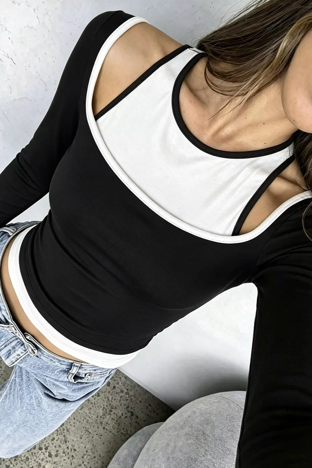 Color-Block Cutout Long Sleeve Slim Fit Top, image 9
