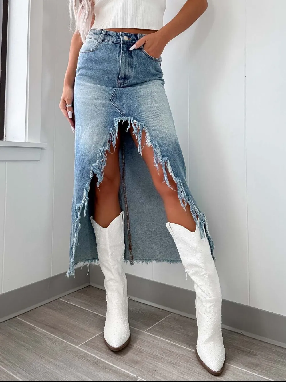 High-Waist Raw Hem Asymmetry Denim Skirt