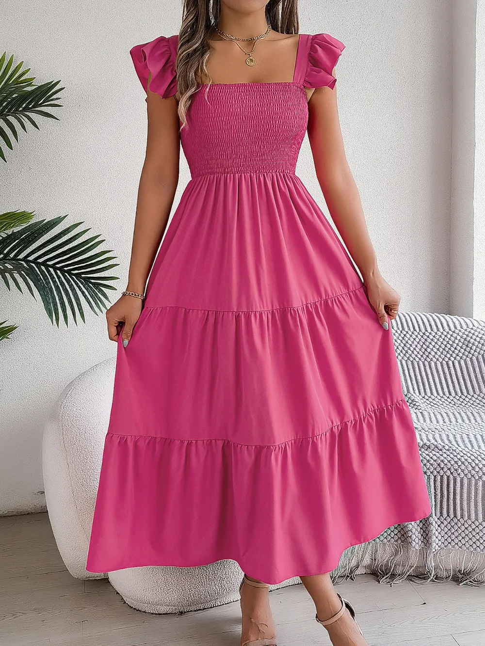 Smocked Square Neck Cap Sleeve Midi Dress, image 13