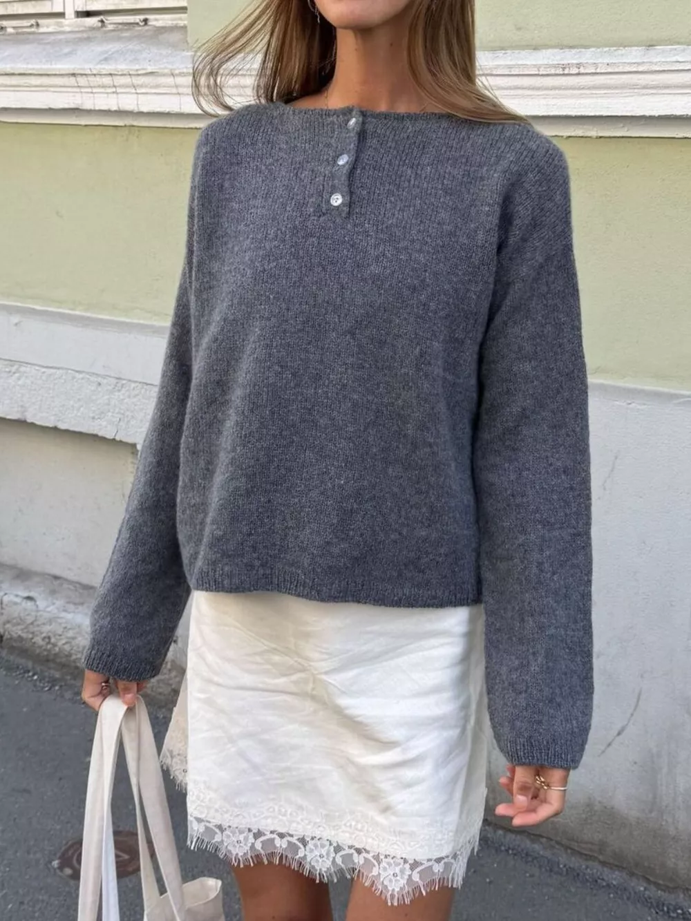 Button-Placket Round Neck Drop Shoulder Knit Top, image 2