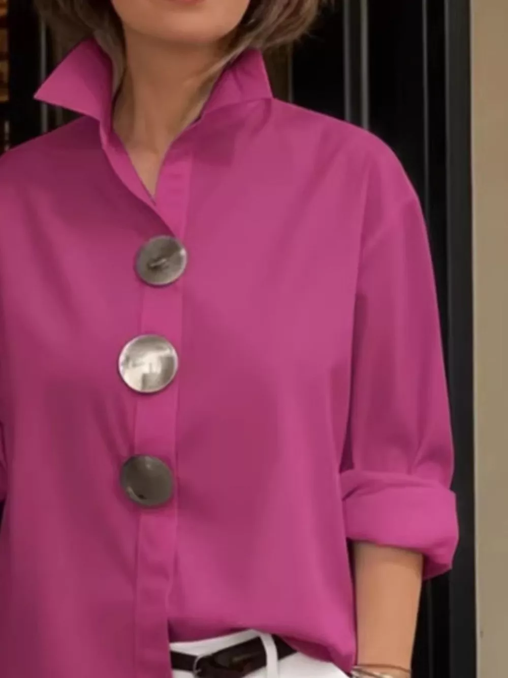 Full Size Oversized Metal Button Long Sleeve Shirt Plus Size, image 9