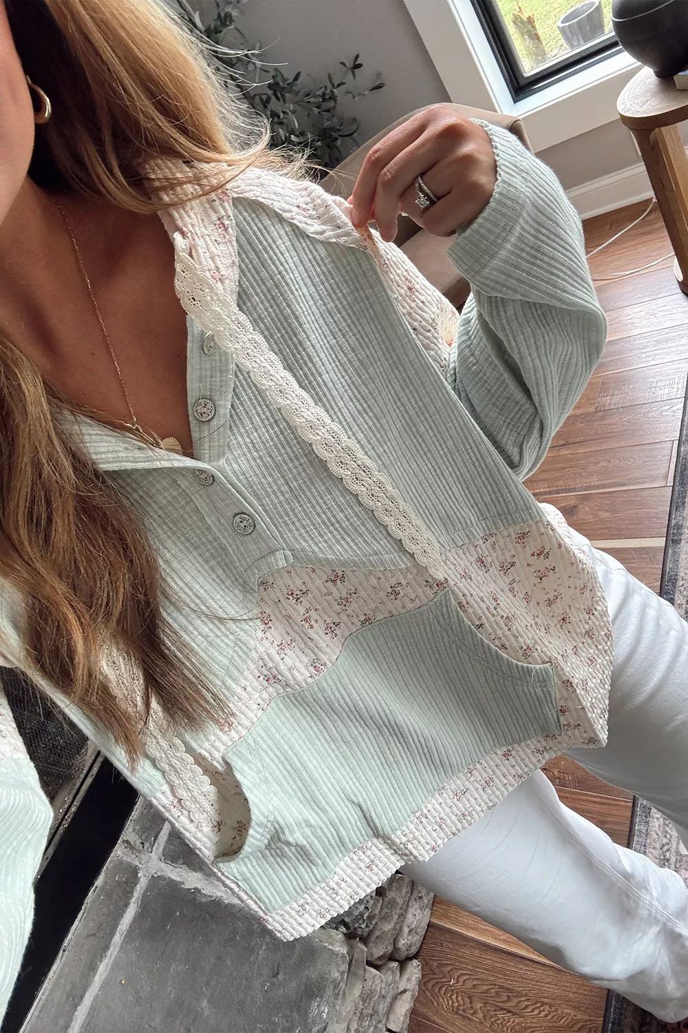Lace Trim Floral Patchwork Button Detail Blouse, image 4