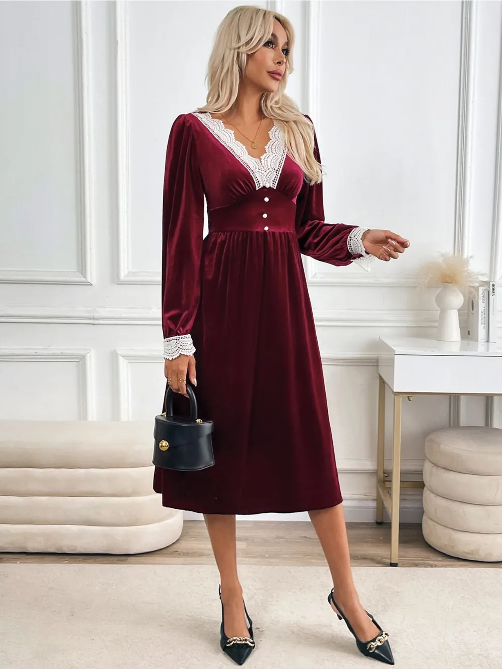Lace Detail V-Neck Long Sleeve Midi Dress, image 2
