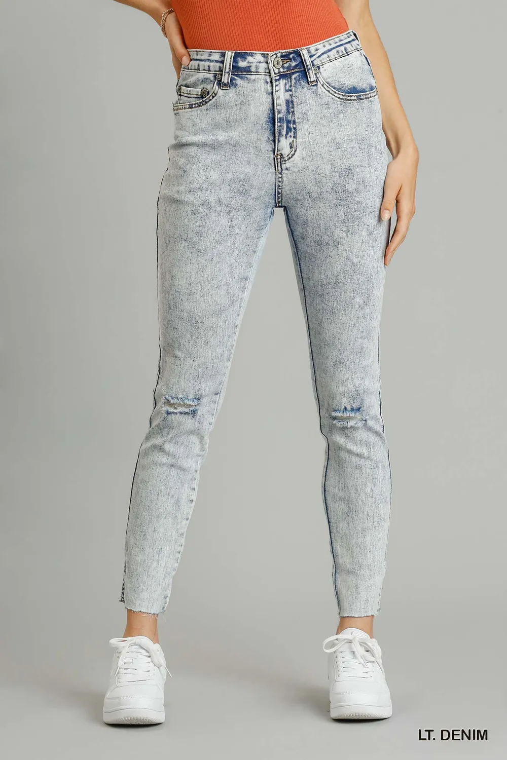 5-Pockets Distressed Detail Stretch Denim Skinny Jeans with Unfinished Hem, image 2