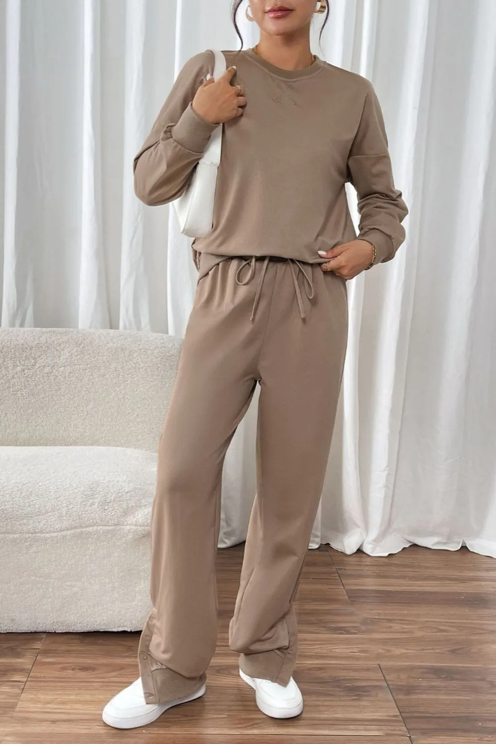 Round Neck Long Sleeve Top and Pants Set, image 3