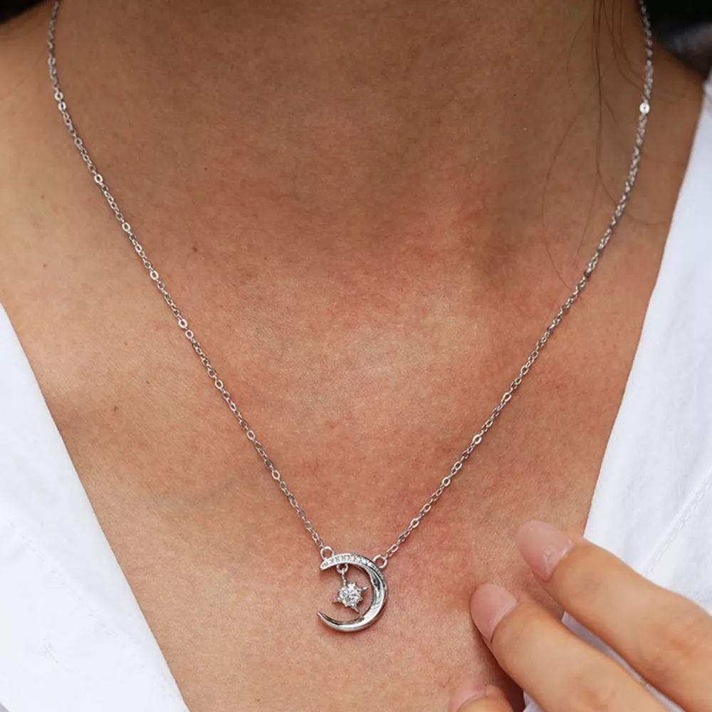 925 Sterling Silver Moissanite Star Moon Necklace, image 3