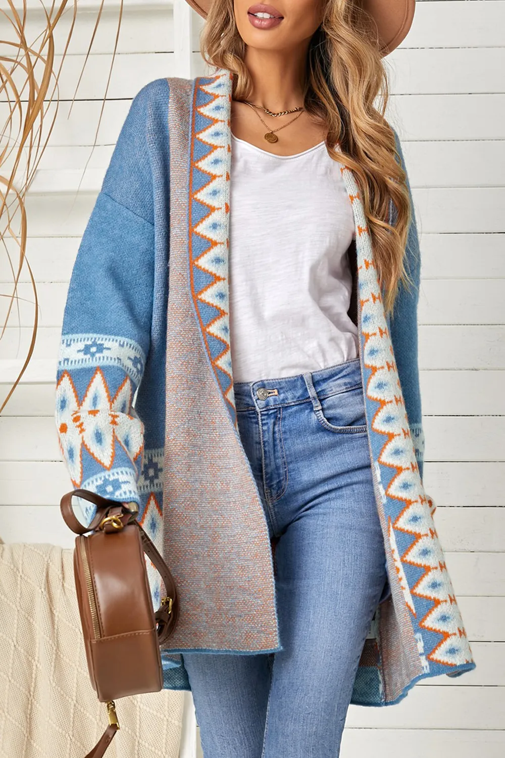 Geometric Open Front Long Sleeve Cardigan, image 11