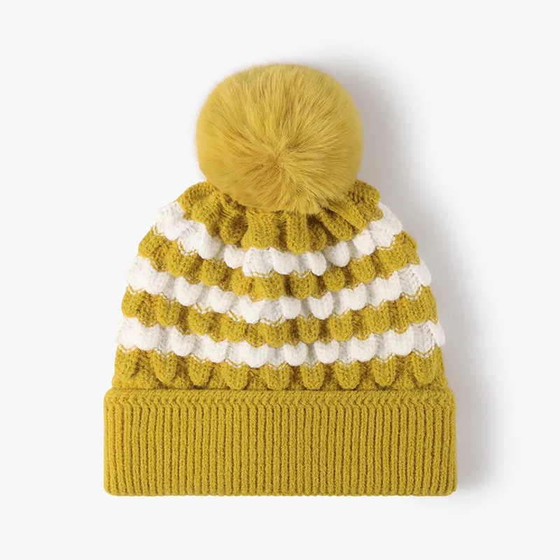 Striped Contrast Knit Hat with Pom-pom, image 2