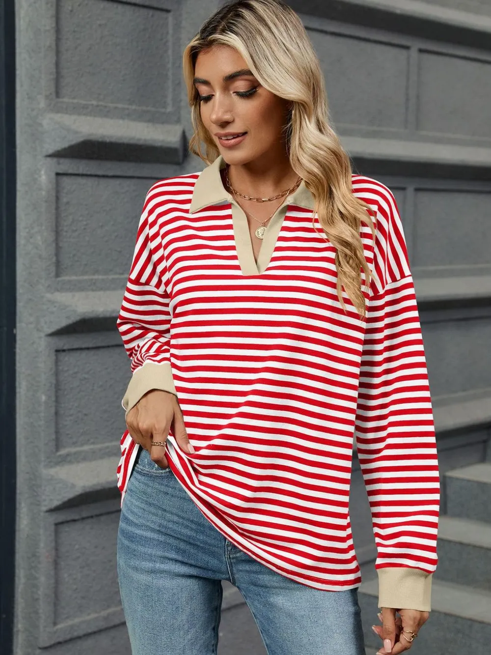 Striped Johnny Collar Long Sleeve Sweatshirt, image 5