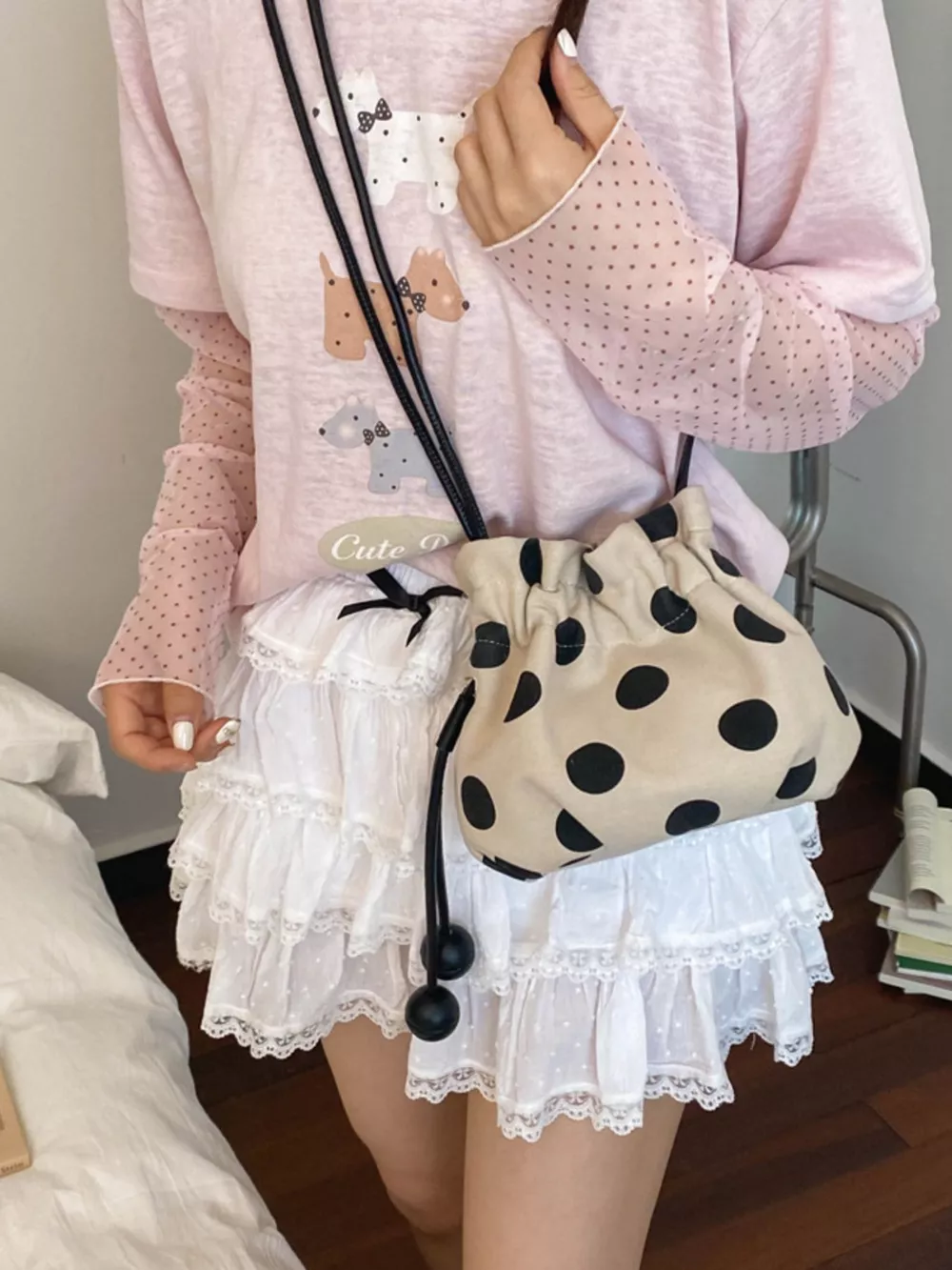 Polka Dot Drawstring Crossbody Bag, image 8