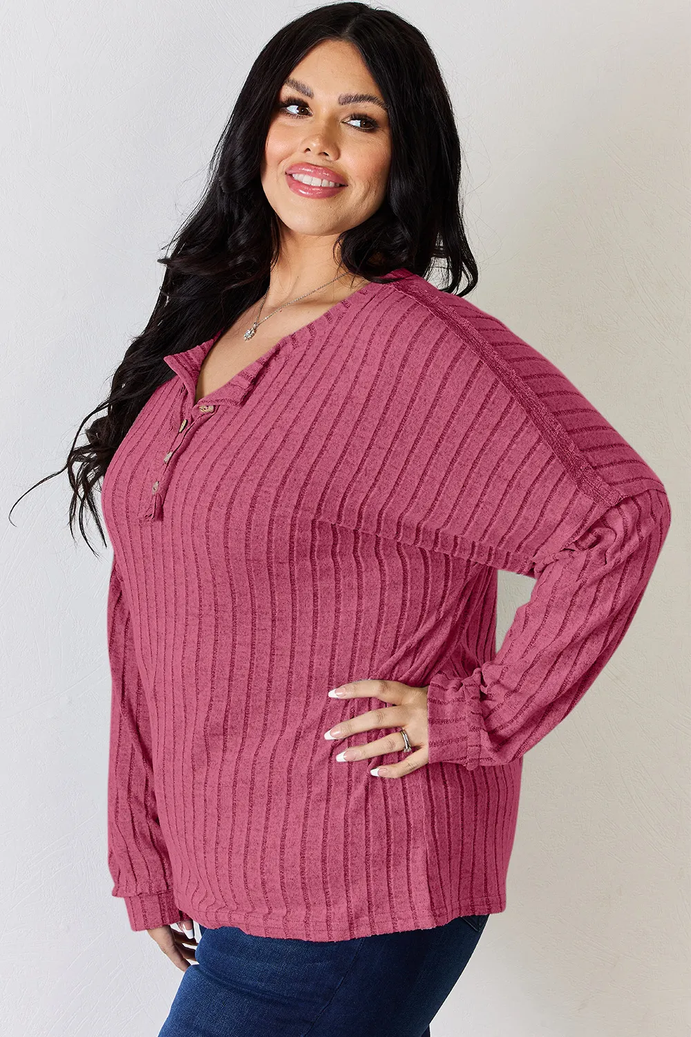 Full Size Ribbed Half Button Long Sleeve T-Shirt, image 15