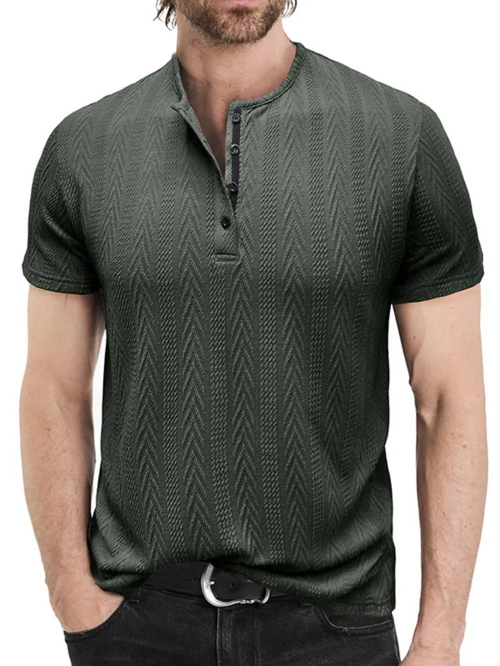 Men's Textured Chevron Pattern Henley Polo Shirt