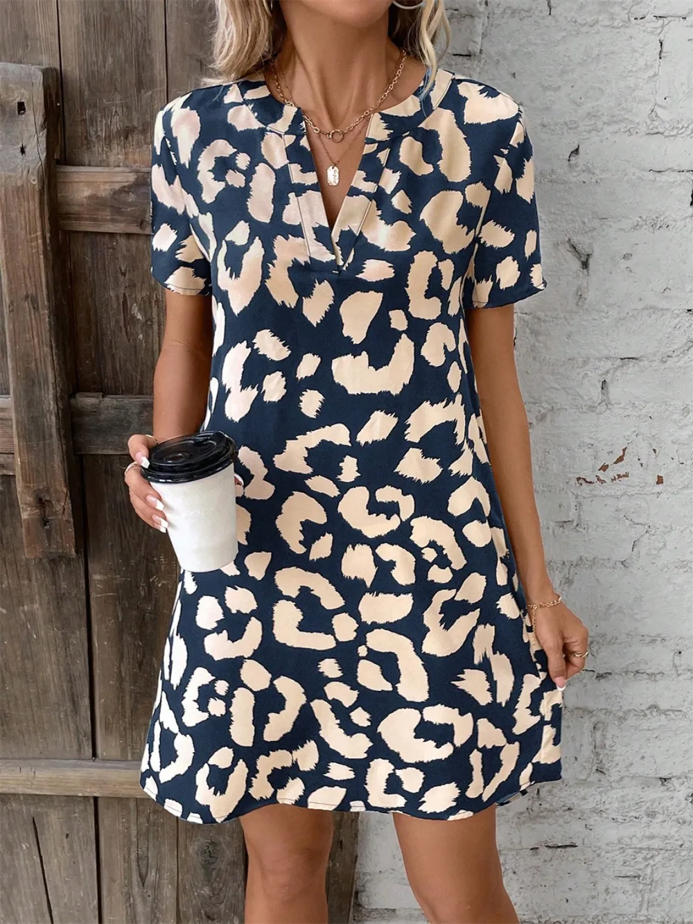 Printed Notched Short Sleeve Mini Dress, image 2