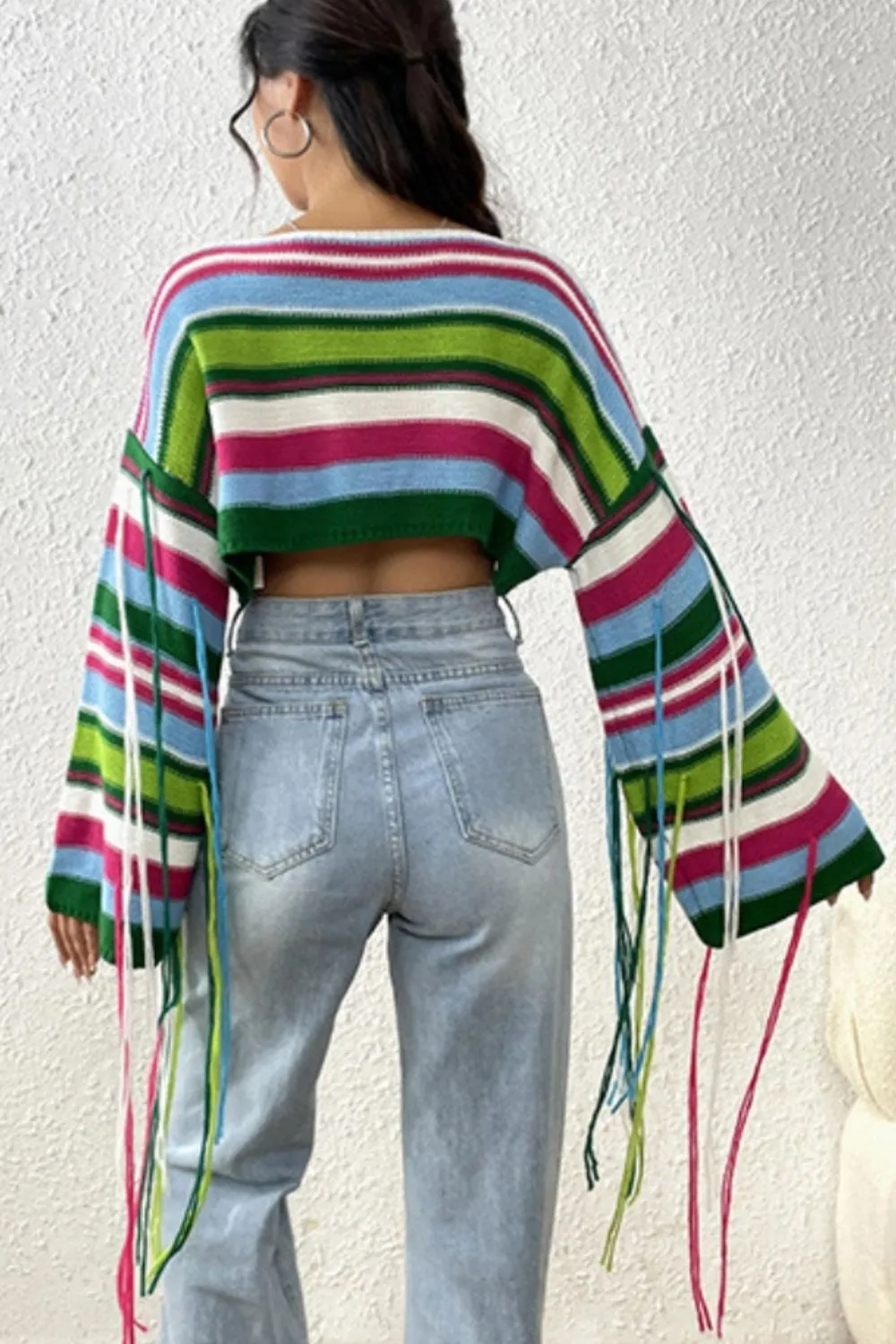 Fringe Striped Round Neck Knit Top, image 9