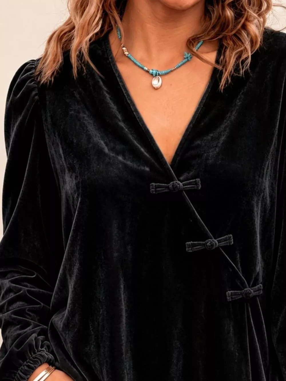 Chinese-Style Knot Buttons Velvet Blouse, image 8