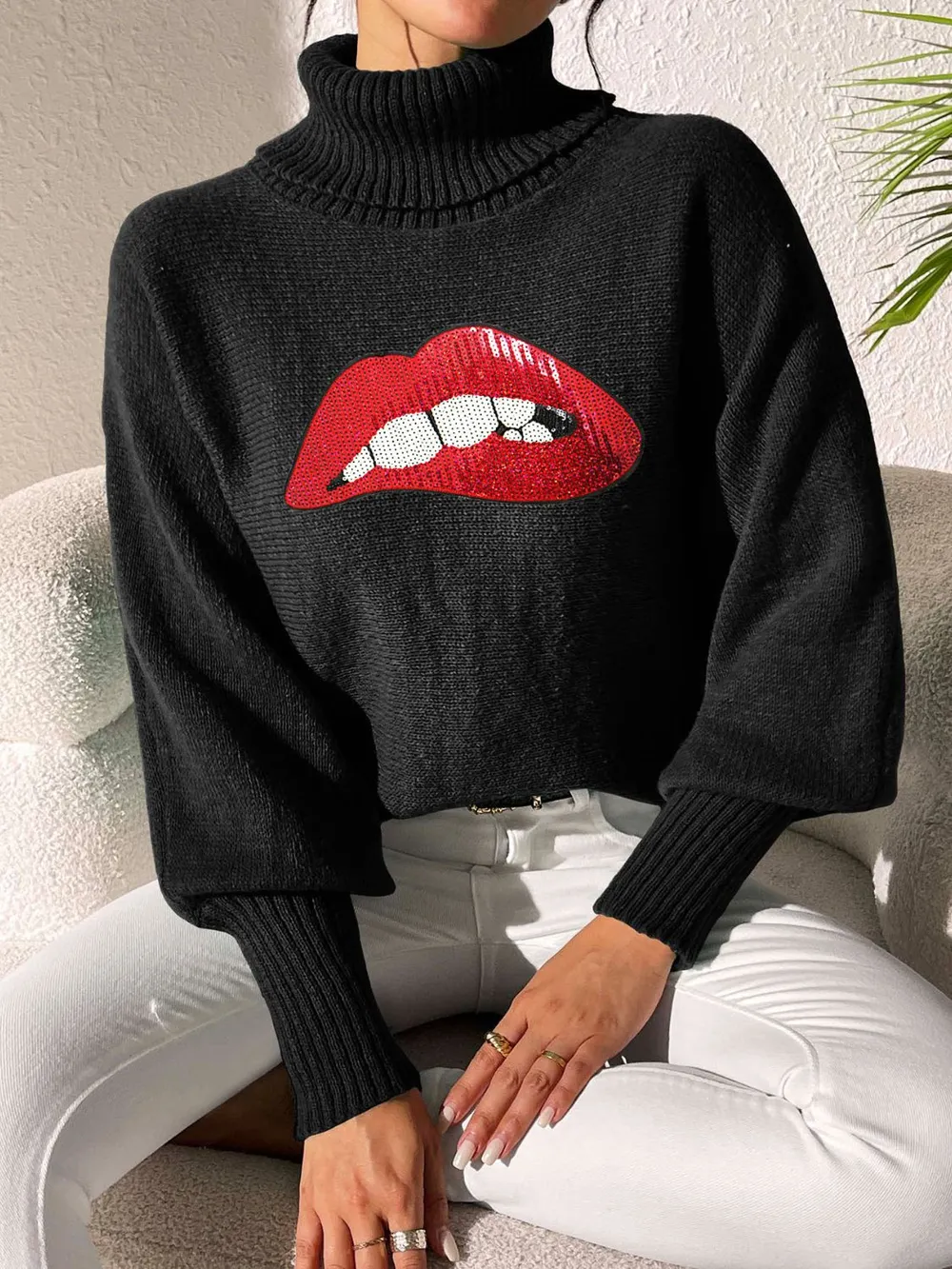 Lip Turtleneck Long Sleeve Sweater, image 13