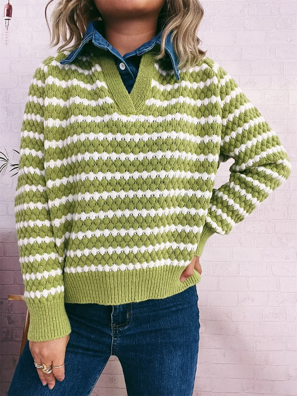 Contrast Striped Sweater with Denim Collar, image 19