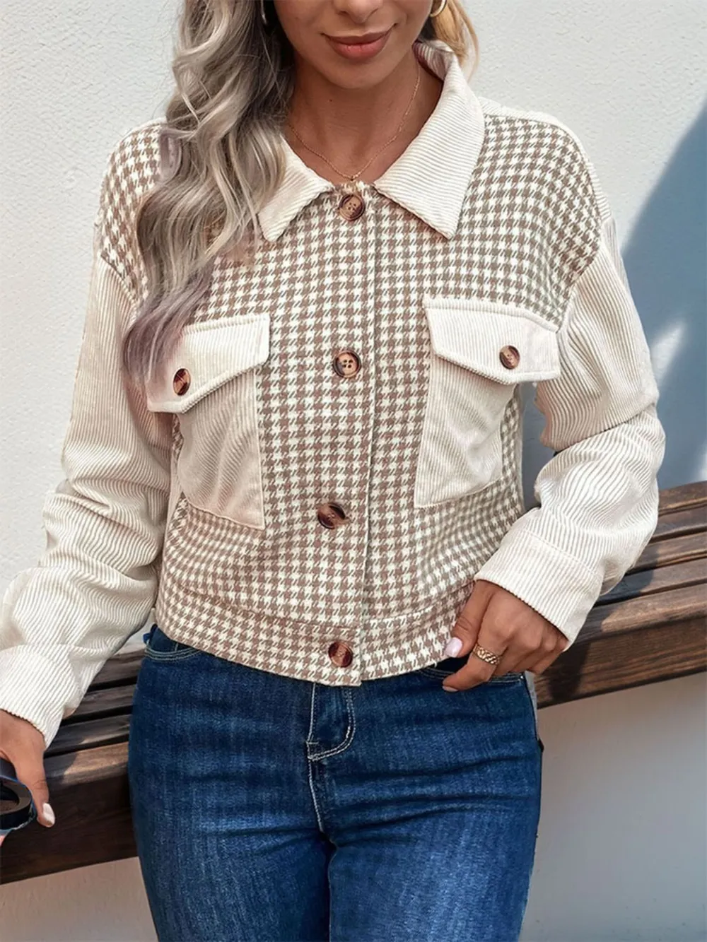 Pocketed Houndstooth Long Sleeve Jacket, image 3