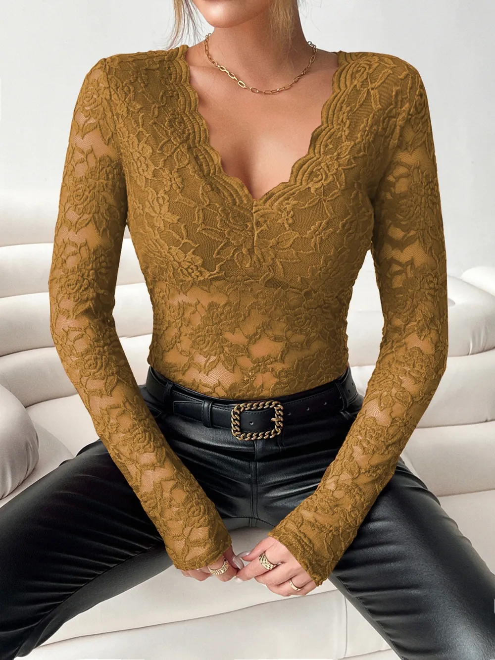 V-Neck Long Sleeve Lace Top, image 15