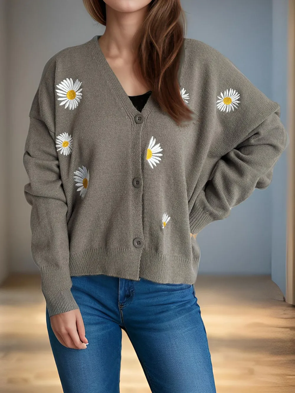 Daisy Button Up V-Neck Cardigan, image 17