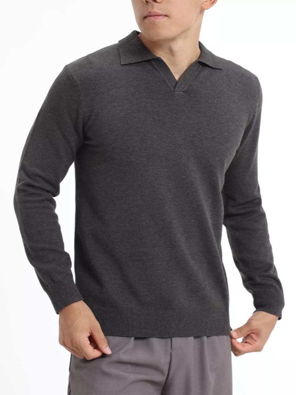 Men's Plus Size Long Sleeve Polo Collar Knit Top, image 2