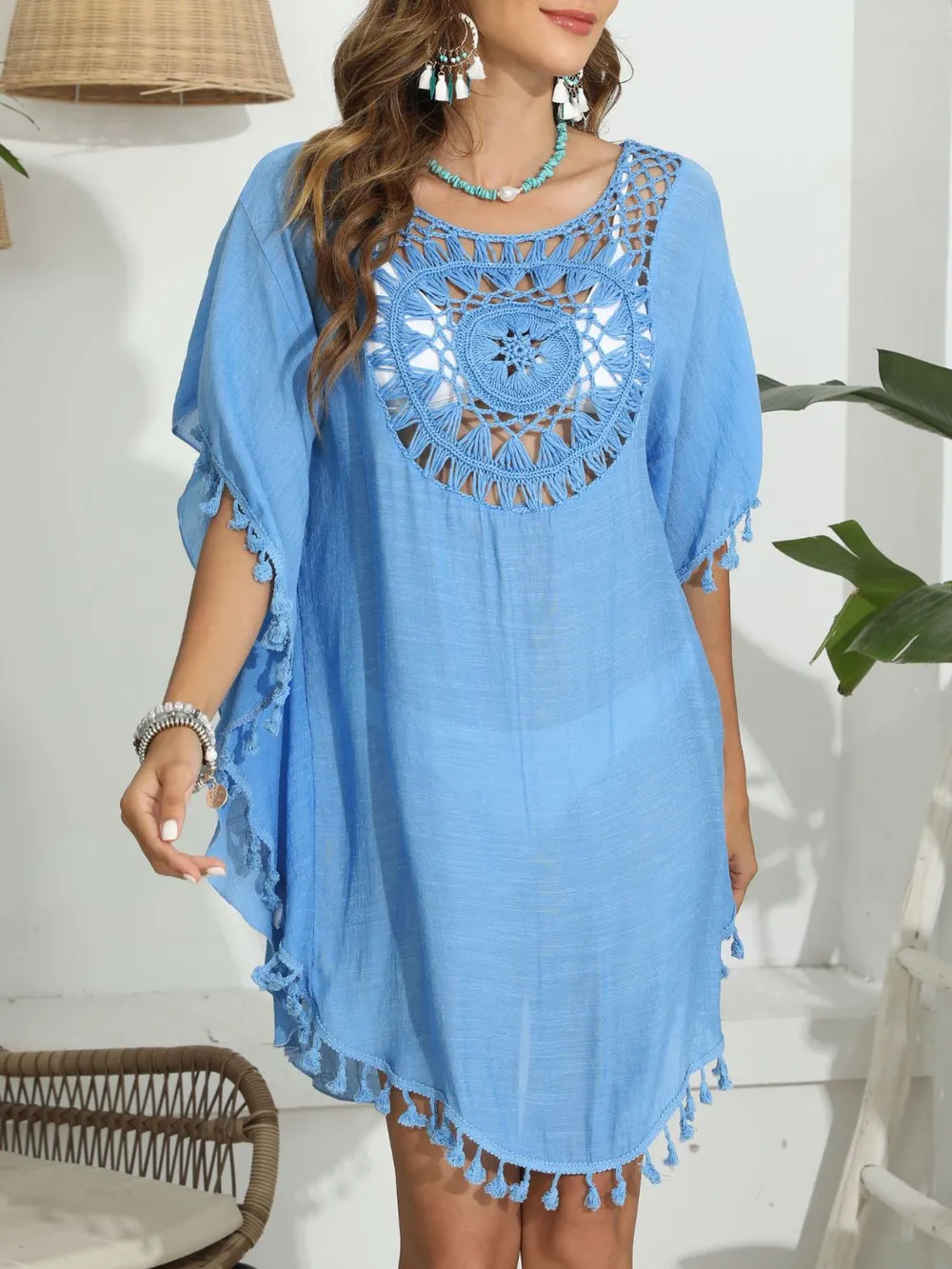 Tassel Crochet Round Neck Cover-Up, image 12