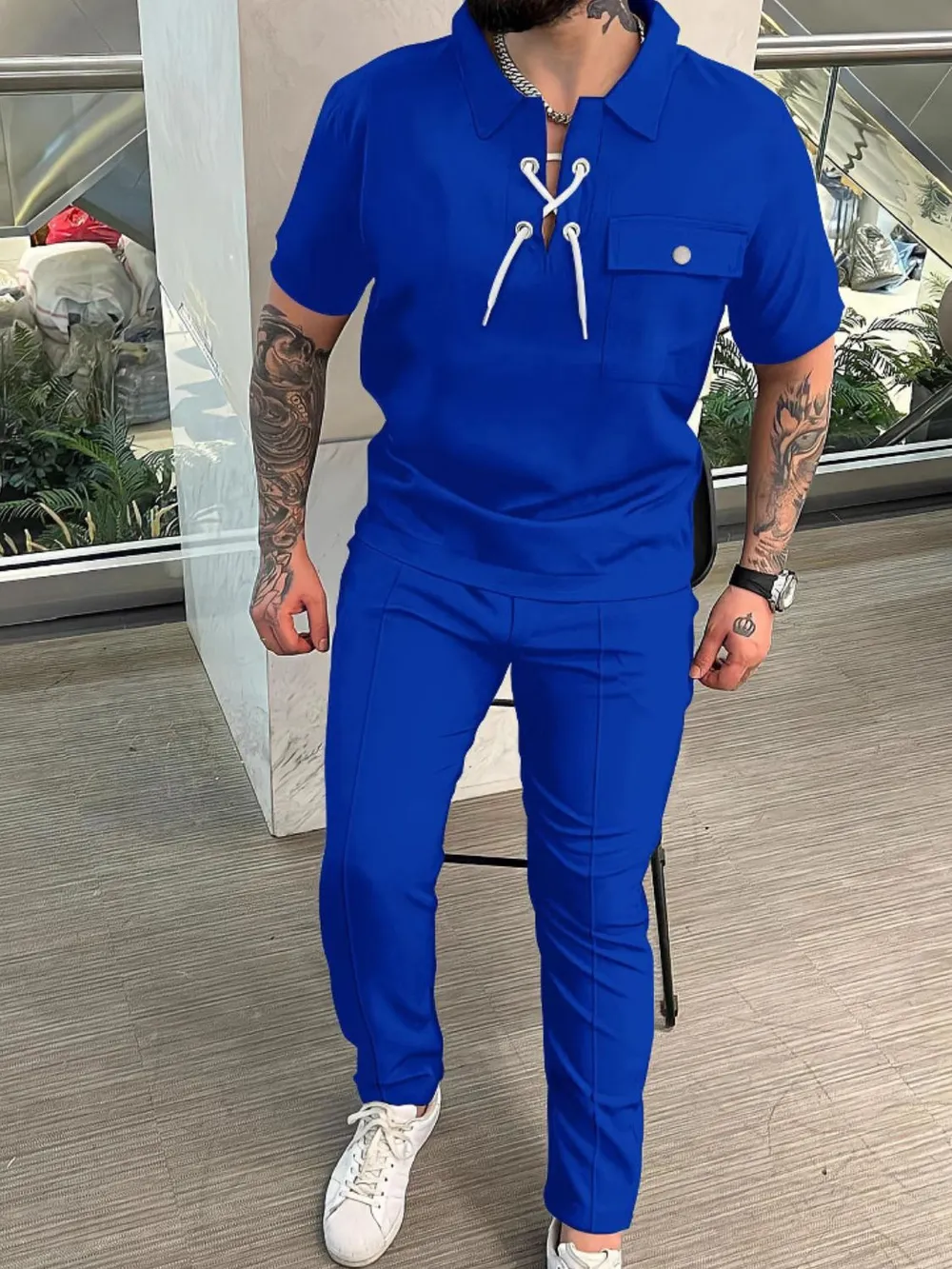 Men's Full Size Lace Up Short Sleeve Top and Pants Plus Size, image 3
